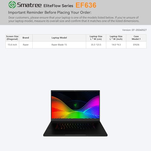 Smatree EliteFlow Laptop Sleeve Case for 15.6 inch Razer Blade 15 | for 15.6 inch Razer Blade 15,with Accessory Pocket(EF636) - size: 10.02| for RAZER 15.6" Razer Blade 15(EF636)
