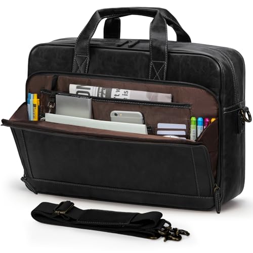 RAINSMORE Mens Laptop Bag 16 Inch Leather Briefcase Vintage Messenger Bag for Men Large Crossbody Shoulder Office Computer Bag Retro College Satchel for Work, Business,Travel, Black - color: Black