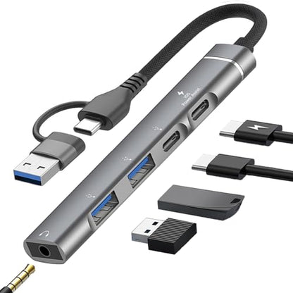 USB C Hub USB 3.0 Hub with 3.5mm Headphone Aux Jack, 5-in-1 USB C to USB Adapter USB C Splitter with 15W PD, USB 3.0, USB 2.0, USB C Ports, USB C Dongle for MacBook Air/Pro,XPS,iMac,iPad Pro