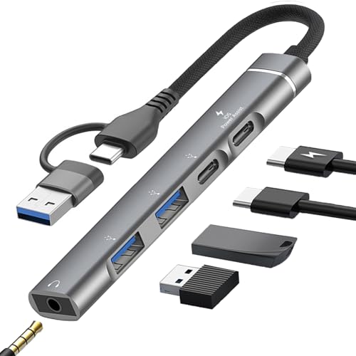 USB C Hub USB 3.0 Hub with 3.5mm Headphone Aux Jack, 5-in-1 USB C to USB Adapter USB C Splitter with 15W PD, USB 3.0, USB 2.0, USB C Ports, USB C Dongle for MacBook Air/Pro,XPS,iMac,iPad Pro