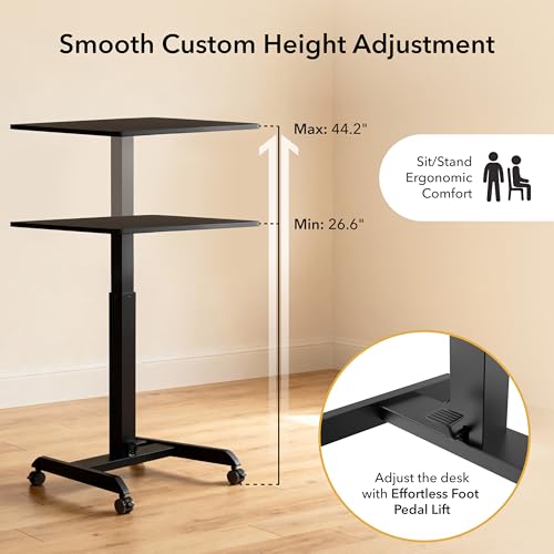 Mount-It! Rolling Laptop Desk Adjustable Height (29.6”-44.2”), Mobile Workstation Cart with 23.6” x 20.5” Desktop, Small Sit-Stand Desk for Home, Office, or Classroom in Black - color: Black