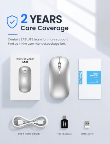 SABLUTE M31 Bluetooth Mouse for MacBook Pro/Air, iPad - Rechargeable Tri-Mode Wireless Mouse for 3 Devices (BT 5.2 + 2.4G), Sleek Silver Slim Silent Mouse for Surface, Windows - color: Sliver