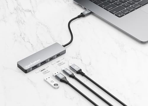 Manhattan USB-C Hub for Keyboards, Mouse, and USB Flash Drives, 4 Ports, 2 USB-A & 2 USB-C, Space Gray, Plug and Play, 10 Gbps, Aluminum