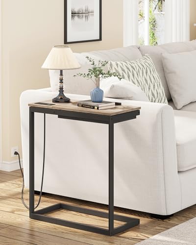 TUTOTAK Large C Shaped End Table, Side Table with Charging Station C Table | Tilting Laptop Stand with Storage, Computer Couch table for Living Room, Bedroom, Greige TB01BG090 - color: Greige, style: Plug