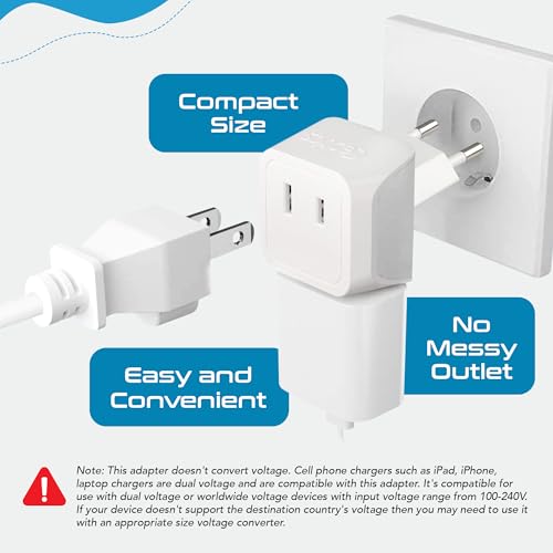 Ceptics European Travel Plug Adapter Europe Power Adaptor Charger Dual Input - Ultra Compact - Light Weight - USA to any Type C Countries such as Italy, Iceland, Austria and More (CT-9C), white | USA to Type C adapter, Lightweight Design, European Plug Ad