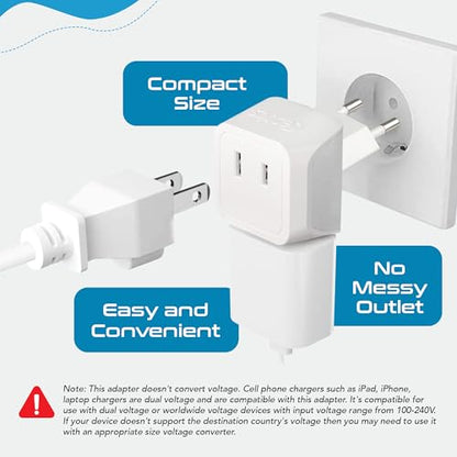 Ceptics European Travel Plug Adapter Europe Power Adaptor Charger Dual Input - Ultra Compact - Light Weight - USA to any Type C Countries such as Italy, Iceland, Austria and More (CT-9C), white | USA to Type C adapter, Lightweight Design, European Plug Ad