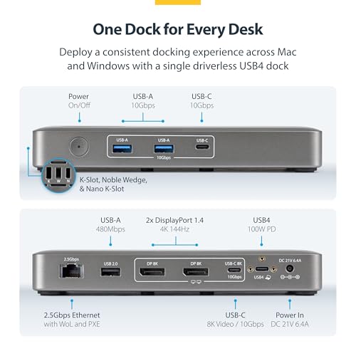 StarTech Driverless USB4 Dock, Dual 4K 144Hz for Mac and Windows, 100W | Universal USB-C dock, M4 and M5 MacBook, Plug-and-play, Single 8K 60Hz DisplayPort, 2.5GbE, Lock slot