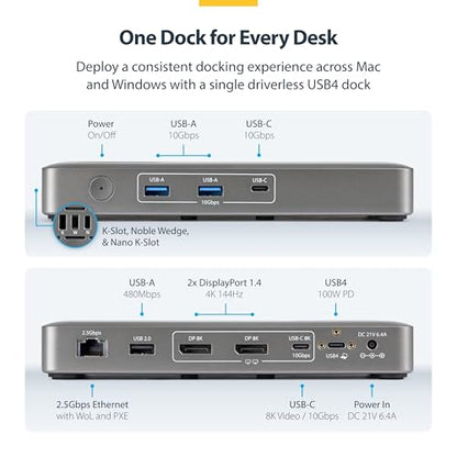 StarTech Driverless USB4 Dock, Dual 4K 144Hz for Mac and Windows, 100W | Universal USB-C dock, M4 and M5 MacBook, Plug-and-play, Single 8K 60Hz DisplayPort, 2.5GbE, Lock slot