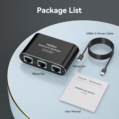 THXCDBID Ethernet Splitter 1 to 3 High Speed LAN Splitter 1000Mbps Gigabit RJ45 Ethernet Switch with USB C Power Cable for Cat5/5e/6/7/8 Cable - size: Ethernet Splitter 1 to 3