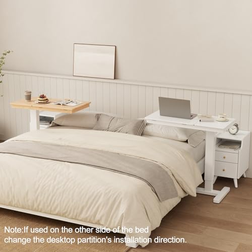 Muwuele Solid Wood Overbed Bedside Table with Wheels, Adjustable Medical Tilt Top Hospital Bed Table Over The Bed, Rolling Laptop Desk, Mobile Standing Desk for Hospital and Home Use (White) - color: White