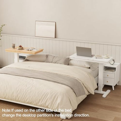 Solid Wood Overbed Bedside Table with Wheels, Adjustable Medical Tilt Top Hospital Bed Table Over The Bed, Rolling Laptop Desk, Mobile Standing Desk for Hospital and Home Use (White) - color: White