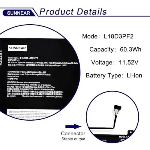 L18D3PF2 L18M3PFA Laptop Battery Replacement for Lenovo Yoga C740-15IML C740-15 81TD Series Notebook 5B10T83740 5B10W67402 5B10T83739 5B10W67258 3-Cell 11.52V 60.3Wh 5235mAh - size: 14.17*6.77*1.1 inches L18D3PF2