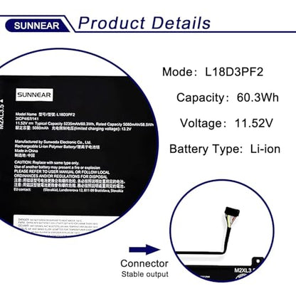 L18D3PF2 L18M3PFA Laptop Battery Replacement for Lenovo Yoga C740-15IML C740-15 81TD Series Notebook 5B10T83740 5B10W67402 5B10T83739 5B10W67258 3-Cell 11.52V 60.3Wh 5235mAh - size: 14.17*6.77*1.1 inches L18D3PF2