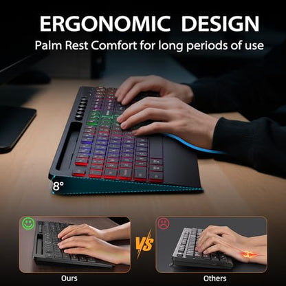 Hamile Wireless Keyboard and Mouse Combo, RGB Backlit, Ergonomic Wrist Rest | Phone Holder, Full Size, 2.4GHz, 3 Level DPI Mouse, Rechargeable Silent Combo for Windows, Mac, PC, Laptop, Black