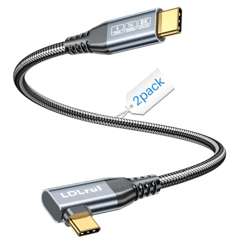 LDLrui USB C Display Cable 8K@60Hz/4K@144Hz, Right Angle USB C Video Cable, 40Gbps USB 4 High Speed Data Transfer Cord, 240W Fast Charge for iPhone 16, MacBook Pro, iPad, Lenovo, (2FT 2Pack) - color: Silver Gray, size: 2FT+2FT