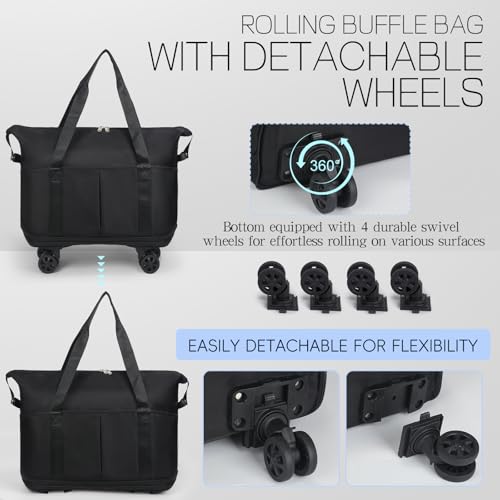 VOOWO Duffel Bag with Wheels - Rolling Foldable Expandable Duffle Bag with Wheels for Travel, Rolling Luggage Bag Carry On Travel Bag with Wheels, Large Wheeled Overnight Weekender Bag (Black) - color: Black