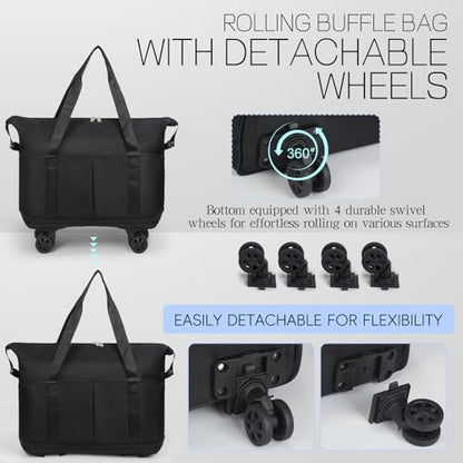 VOOWO Duffel Bag with Wheels - Rolling Foldable Expandable Duffle Bag with Wheels for Travel, Rolling Luggage Bag Carry On Travel Bag with Wheels, Large Wheeled Overnight Weekender Bag (Black) - color: Black