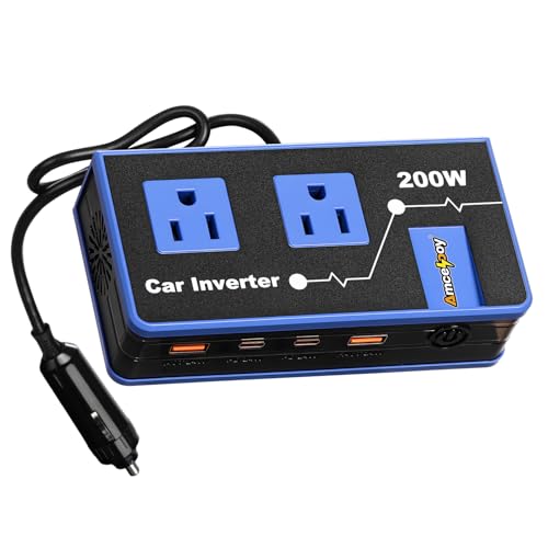 200W Car Power Inverter, Amcelooy Dual DC 12V to 110V AC Car Outlet Adapter to Wall Plug, Fast Charging 24W USB-C & USB Ports, Portable Charger Converter with for Laptops, Phones(Blue) - color: Blue