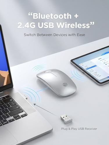 RAPIQUE Bluetooth Wireless Mouse, BT5.1/2.4G Dual Mode, Silver | Slim Profile, Two Ways to Connect, Quiet Click, Low Power, 1600 DPI, Portable for MacBook, Laptop, iPad and Chromebook - color: Silver