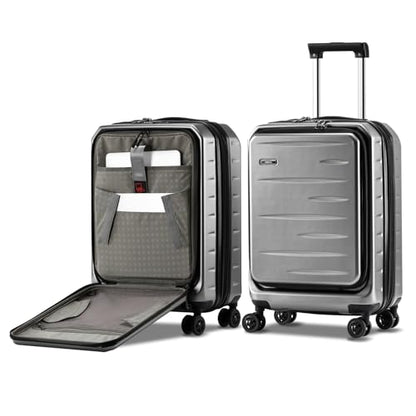 CENSIEN Expandable Carry On Luggage Airline Approved, 20 Inch Lightweight ABS+PC Hard Shell Suitcases with Front Pocket, Spinner Wheels, TSA Lock (Dark Gray, 1PC) - color: Gray, size: Carry On - 20 Inch - EXT - Front Open
