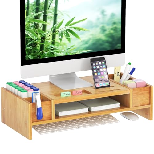 Ufine Bamboo Monitor Stand with Storage Compartments Small Desk Organizer | Ergonomic Computer Laptop Riser with Pen Holder Keyboard Storage for Home Office