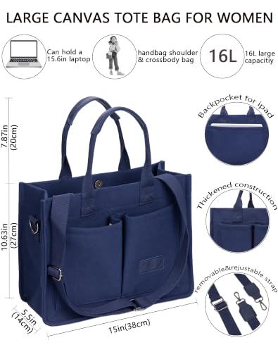 Canvas Tote Bag for Women,Women's Bags Crossbody Bags Work Laptop Tote Bag Large Handbags Purse for Travel Nurse Teacher - color: Navy Blue With Compartments