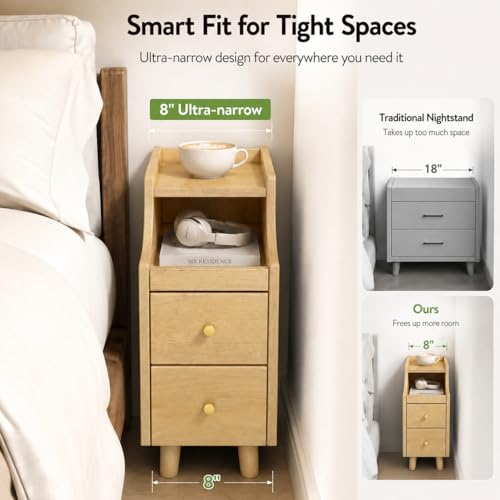 POWERSTONE Narrow Nightstand with 2 Drawers Set of 2, Solid Wood Bedside Table with Pull Out Tray & Cable Hole & Slots, Slim End Side Table for Small Spaces Bedroom, Living Room, Natural - color: Natural