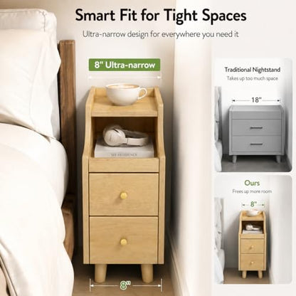POWERSTONE Narrow Nightstand with 2 Drawers Set of 2, Solid Wood Bedside Table with Pull Out Tray & Cable Hole & Slots, Slim End Side Table for Small Spaces Bedroom, Living Room, Natural - color: Natural