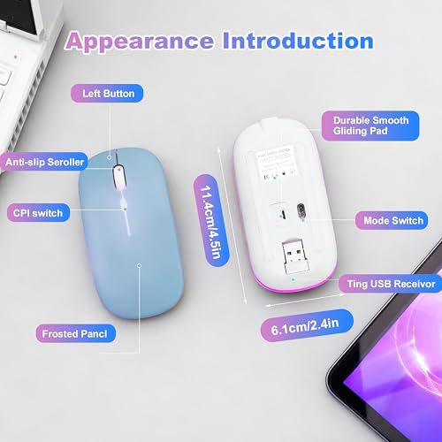 Wireless Bluetooth Mouse Rechargeable Long Lasting Dual Mode - BT 5.2 & 2.4G Silent RGB LED Mice, Slim Portable Ergonomic Mouse for Laptop/PC/Tablet/MacBook/iPad/Apple Devices(Blue) - color: Blue