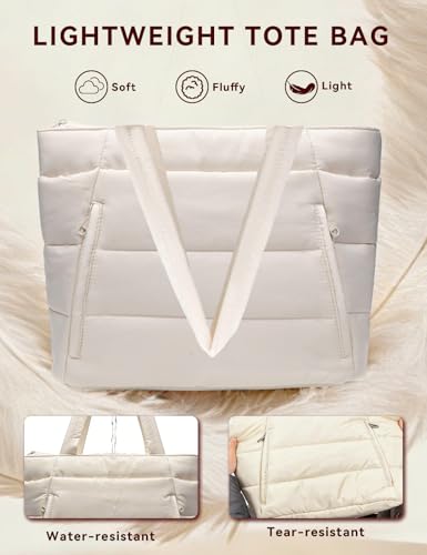Puffer Tote Bag for Women, Nurse, Large Quilted Shoulder Bag with Cup Holder & Laptop Compartment for Work, Travel, Gym - color: Cream