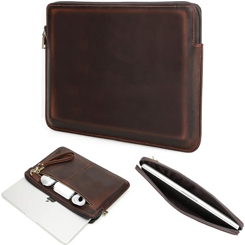 Top Grain Leather 13.3" Slim Laptop Sleeve Case Bag, Vintage Design with 2 Zip Pocket, Handmade, Compatible with MacBook Pro 13.3" MacBook Air 2022 DELL XPS 13" & Other PC, Coffee 13.3 Inch - color: 【Bag】Horizontal Zip & 2 Pockets - Coffee, size: 13.3" -