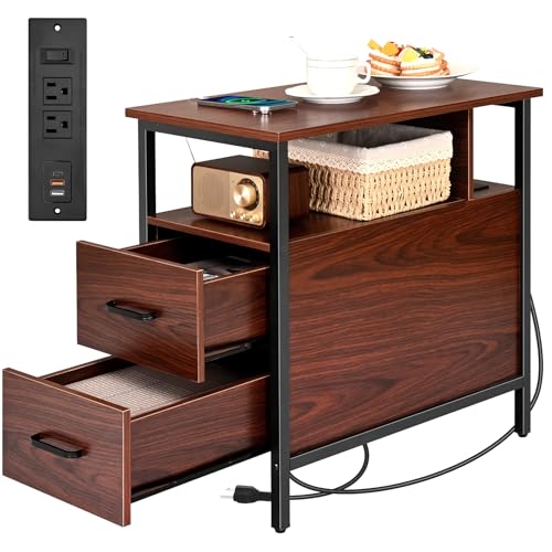Narrow Side Tables with Charging Station, Narrow End Table with Wooden Drawers, USB Ports and Power Outlets, Nightstand and Bedside Table for Bedroom, End Tables Living Room, Espresso