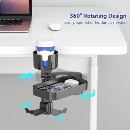 KDD Desk Cup Holder with 2 Headphone Hook - Rotating Pencil Holder & Detachable Drawer Tray - Clamp on Under Desk Headphone Holder Hidden Storage for Office School Home Accessories