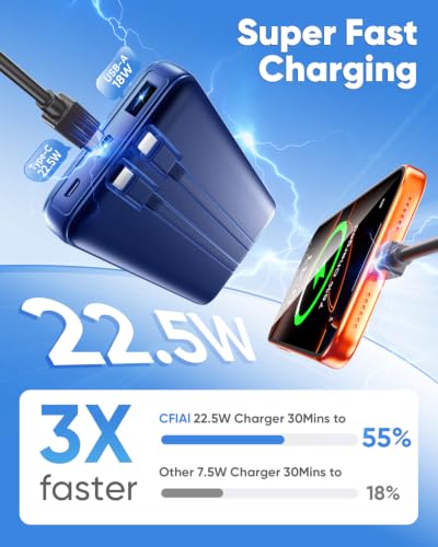CFIAI Portable Charger 15000mAh Slim Power Bank with Built in Cables | 22.5W Fast Charge, Travel Essential, 50% Larger Capacity USB C Battery Pack for iPhone Samsung Android, Cobalt - color: Cobalt