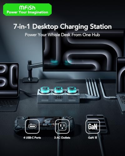 MFish E-Tank 240W GaN Desktop Charging Station, 7-in-1 Desktop Power Hub | 3 AC outlets, 4 USB-C ports, 140W PD 3.1, smart power sharing, RGB lighting - color: 240W Power Strip - Gray