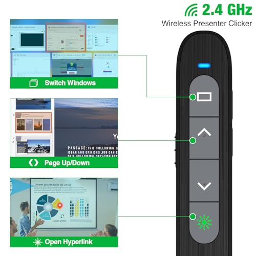 2 in 1 USB Type C Rechargeable Presentation Clicker with Green Pointer, Wireless Presenter for PowerPoint Presentation PPT Clicker, 2.4GHz Presentation Remote Slide Advancer for Computer MacBook - style: Green+Rechargeable+Black