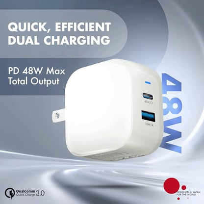 48W GaN Charger, Wozoyo Type-C & USB-A Superfast 2.0 Charging, Compatible for iPhone 17/16/16 Pro Max/15 Series/iPad Pro, Smartphones, Tablets and More, PD/PPS/QC 3.0,Compact Foldable Plug,