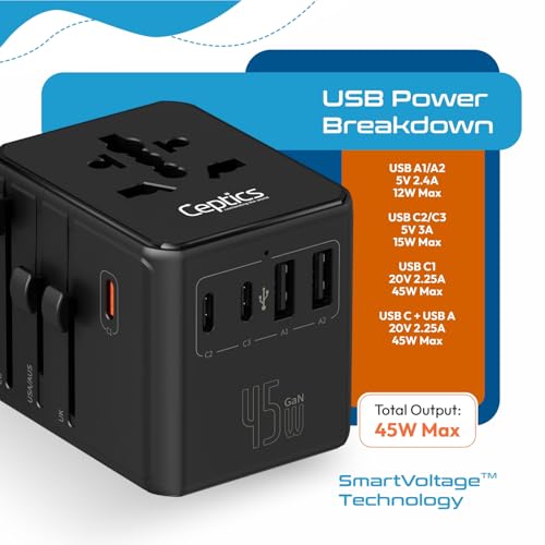 Ceptics 8 in 1 Universal Travel Adapter for EU, UK, US, AU and More, World Travel Adapter, 2X US Socket, Universal Socket, 3X USB-C and 2X USB-A, 45W Fast Charge – UP-45KU-BL - color: Black