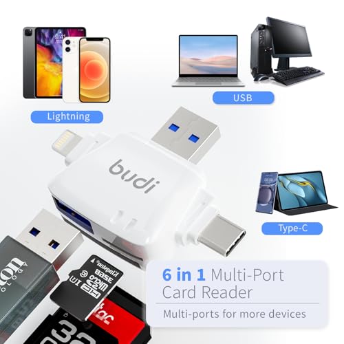 SD Card Reader for iPhone, 6-in-1 Micro SD TF Memory Card Reader Trail Camera Viewerport Adapter,Compatible with ipad/Android/Mac/Computer/Camera(White) - size: Mini