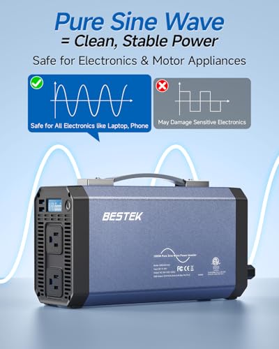 BESTEK Pure Sine Wave Power Inverter - 1000W Car Inverter DC 12V to 110V AC - Car Charger Adapter Outlet with 4.8A Dual USB Charging Ports - Digital LCD Display - Aluminum Housing - Rubber Handle - color: Black