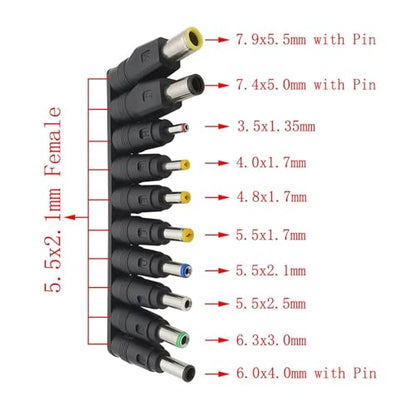 Universal Laptop DC Power Supply Adapter, 5.5x2.1mm Female to Male Tips Charger Connector, DC Power Plug Jack Set Conversion Plug(C-RA 8Pcs) - color: C-ra 8pcs
