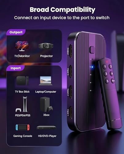 HDMI Switch 5 in 1 Out with Remote 4K@60Hz, HDMI Splitter Support HDCP2.2, HDR, 3D, Dolby Support, 3 Port Switcher Selector Box with Xbox, PS5/4/3, Fire Stick Roku Blu-Ray Player (5 in 1 Out)