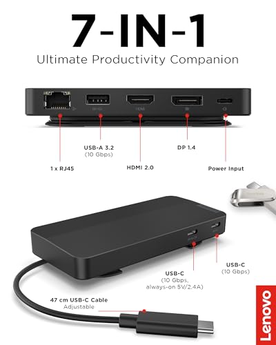 Lenovo USB-C Dual Display Travel Dock w/ 100W Power Adapter - 7 Ports, Integrated USB-C Cable, Universal Compatibility, Dual Displays at 4K - Black - style: USB Dock + Adapter