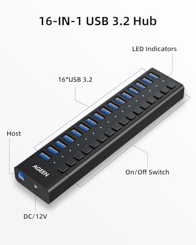 AGEEN 16-Port Powered USB 3.2 Hub, 10Gbps Data Transfer, 96W Power Adapter | Plug & Play, Individual On/Off Switch, Aluminum Housing, Surge Protection, USB Hub for Laptop/PC, Computer, HDD, Flash Drive