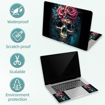Universal Laptop Skin Decal, 3-Piece Vinyl Protector for 12 13 14 15.6" Notebook, Waterproof Anti-Scratch, Easy Trim & Bubble-Free Finish, Skull with Flowers on Head - color: Skull with Flowers on Head