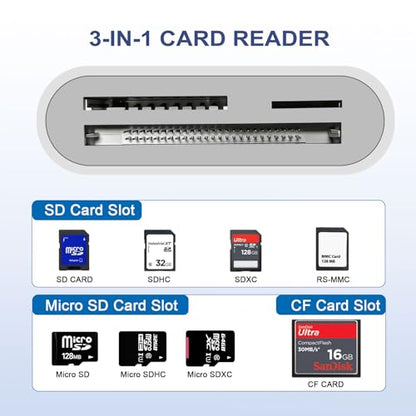 SD Card Reader, USB 3.0 Type C High Speed to SD/TF Card Adapter, for iPhone 15/Android Phone/iPad/Mac/Laptop, Three Card Slot Micro SD Card Reader Supports SD Micro SD CF Card, No App Required