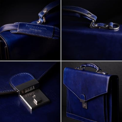 Time Resistance Leather Briefcase for Men - Business Laptop Bag - Italian Handmade Leather Bag - Attache - Gift Box Included - color: Blue