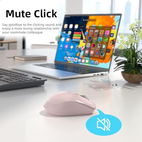 INFINMIND Wireless Bluetooth Mouse, Multi Device (BT1/BT2 + 2.4G USB) Mouse for Laptop, iPad & Mac, 4-Way Scroll with Side Buttons, Silent Click Ergonomic Offce Mouse, Adjustable DPI（Pink） - color: Pink