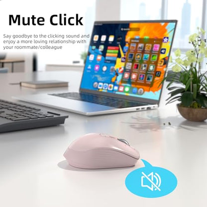 INFINMIND Wireless Bluetooth Mouse, Multi Device (BT1/BT2 + 2.4G USB) Mouse for Laptop, iPad & Mac, 4-Way Scroll with Side Buttons, Silent Click Ergonomic Offce Mouse, Adjustable DPI（Pink） - color: Pink