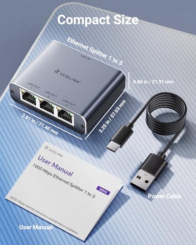 VCELINK Gigabit Ethernet Splitter 1 to 3, 1000Mbps 3-Port Ethernet Switch | 1000Mbps Ethernet Switch, USB Power Cable Included, Supports 3 Devices at Once, Compatible with Cat7/Cat6/Cat5